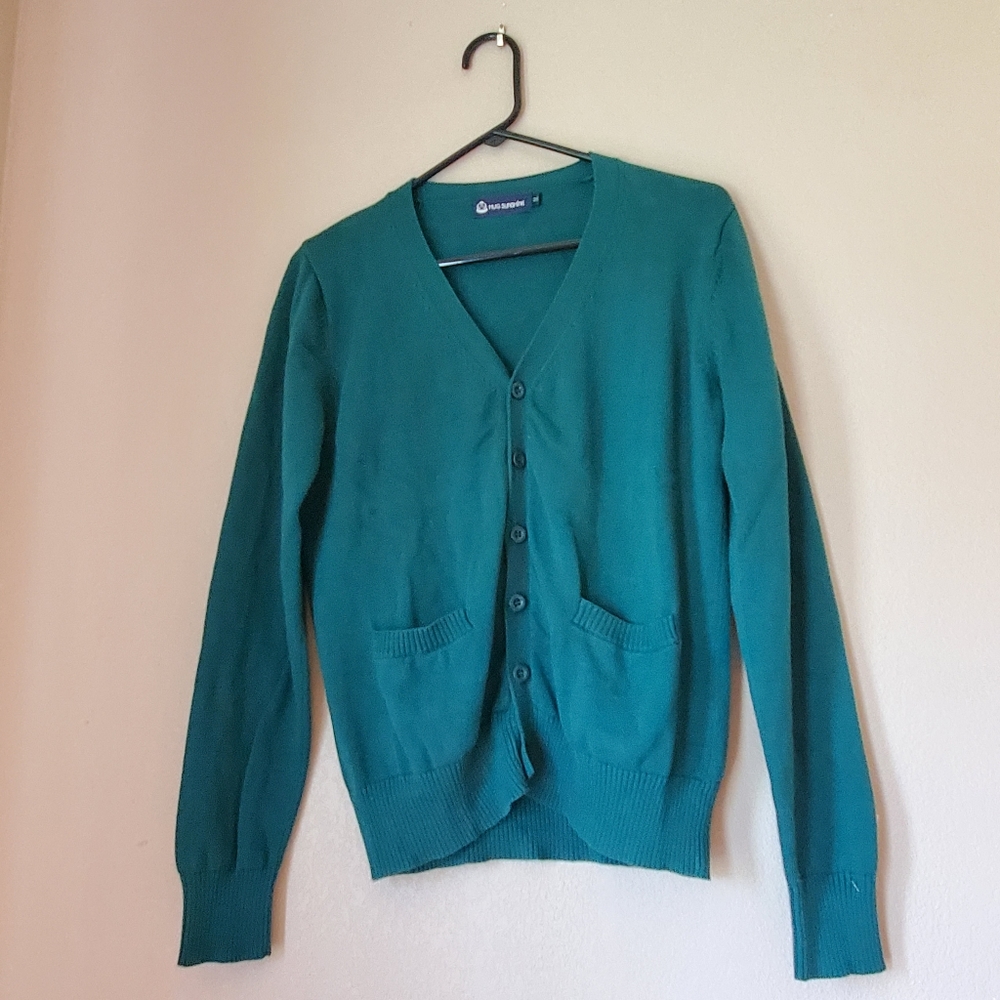 women's 100%cotton green casual basic V-neck pocketed buttoned cardigan sweater